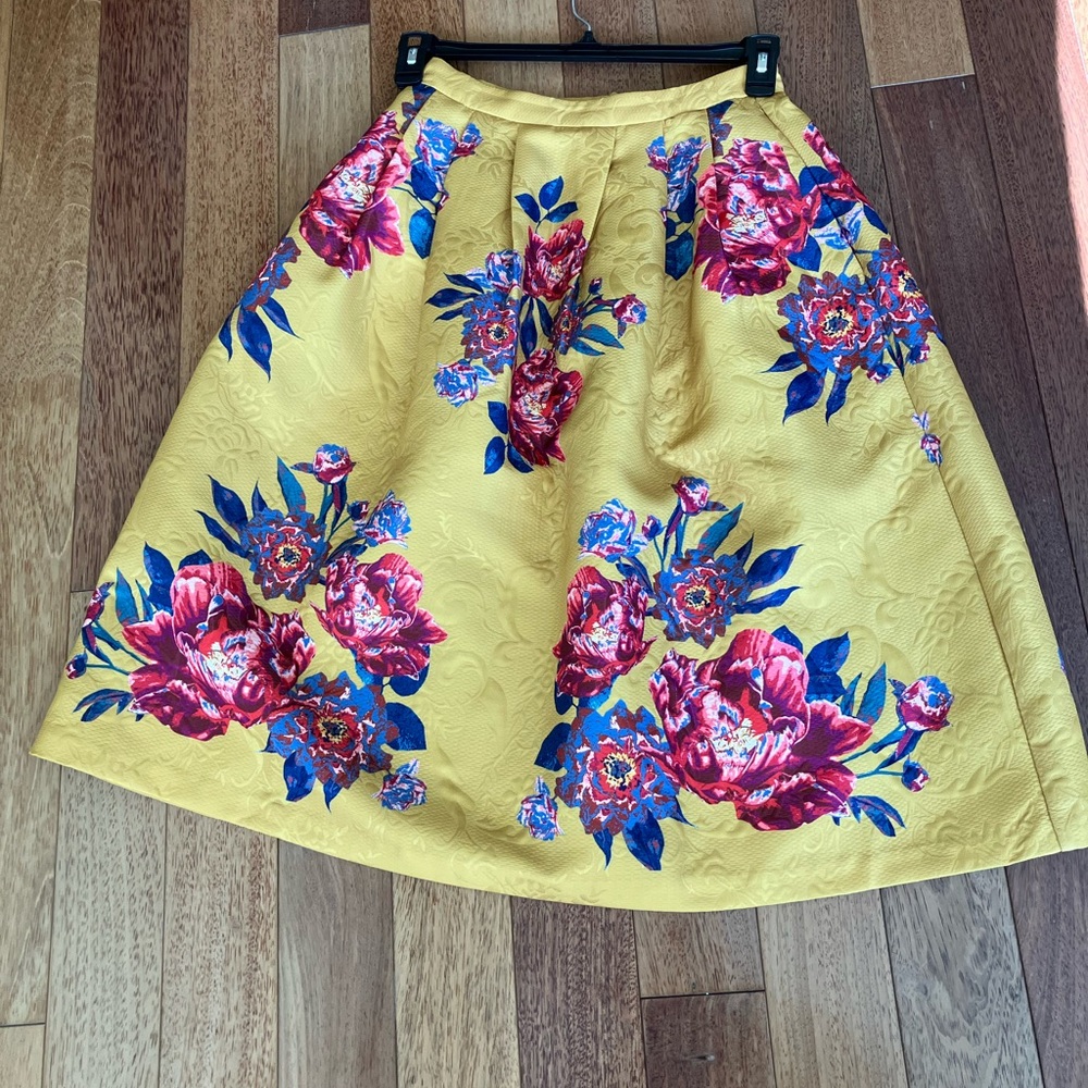 Champagne & Strawberries Floral Yellow A-Line Skirt